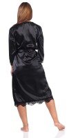 Damen Morgenmantel Kimono Satinrobe mit Spitze; Schwarz/L