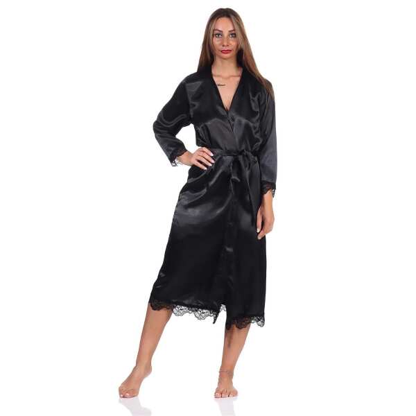 Damen Morgenmantel Kimono Satinrobe mit Spitze; Schwarz/2XL