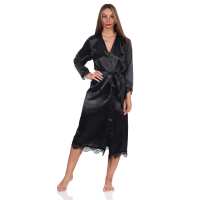 Damen Morgenmantel Kimono Satinrobe mit Spitze; Schwarz/2XL