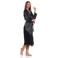 Damen Morgenmantel Kimono Satinrobe mit Spitze; Schwarz/2XL