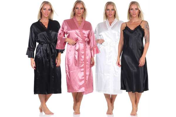 Damen 2 Teiler Kimono Negligé Nachtmantel Satinrobe mit Spitze;