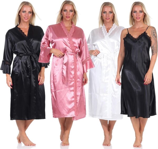 Damen 2 Teiler Kimono Negligé Nachtmantel Satinrobe mit Spitze;