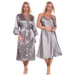 Damen 2 Teiler Kimono Negligé Nachtmantel Satinrobe mit Spitze;