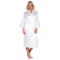Damen 2 Teiler Kimono Negligé Nachtmantel Satinrobe mit Spitze; Ecru/M/38