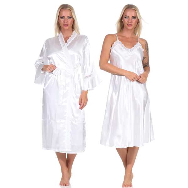 Damen 2 Teiler Kimono Negligé Nachtmantel Satinrobe mit Spitze; Ecru/XL/42