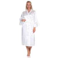 Damen 2 Teiler Kimono Negligé Nachtmantel Satinrobe mit Spitze; Ecru/XL/42