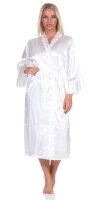 Damen 2 Teiler Kimono Negligé Nachtmantel Satinrobe mit Spitze; Ecru/XXL/44