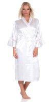 Damen 2 Teiler Kimono Negligé Nachtmantel Satinrobe mit Spitze; Ecru/XXL/44