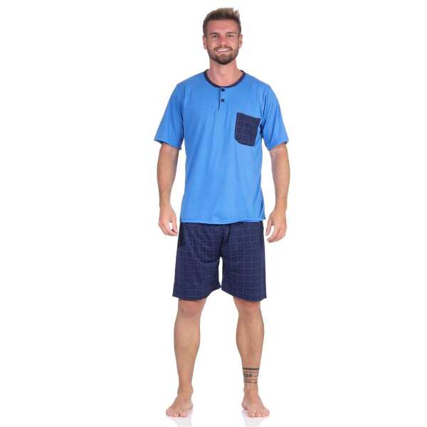 Herren Pyjama Short und T-Shirt Schlaf-Anzug; Blau XL/52