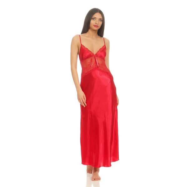 Damen langes Satin Negligé Nachtkleid Dessous + G-String, Weinrot/S