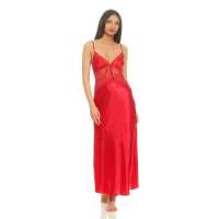 Damen langes Satin Negligé Nachtkleid Dessous + G-String, Weinrot/S