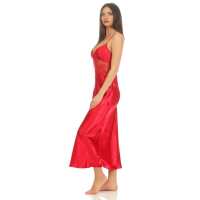 Damen langes Satin Negligé Nachtkleid Dessous + G-String, Weinrot/S