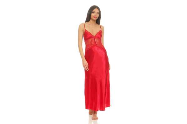 Damen langes Satin Negligé Nachtkleid Dessous + G-String, Weinrot/M