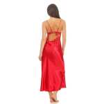 Damen langes Satin Negligé Nachtkleid Dessous + G-String, Weinrot/M