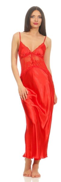 Damen langes Satin Negligé Nachtkleid Dessous + G-String, Rot/L