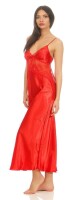 Damen langes Satin Negligé Nachtkleid Dessous + G-String, Rot/L