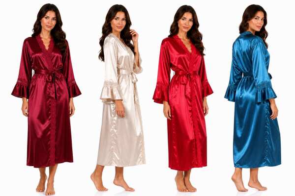 Damen Satin Morgenmantel Kimono mit Spitze Seidenoptik Hausmantel