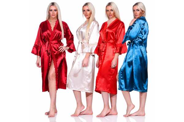 Damen Satin Morgenmantel Kimono mit Spitze Seidenoptik Hausmantel