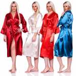 Damen Satin Morgenmantel Kimono mit Spitze Seidenoptik...