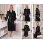 Damen Satin Morgenmantel Kimono mit Spitze Seidenoptik Hausmantel