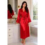 Damen Satin Morgenmantel Kimono mit Spitze Seidenoptik Hausmantel