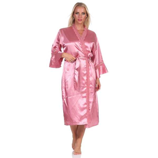 Damen Kimono Morgenmantel Nachtmantel Satinrobe mit Spitze; Altrosa/S/36
