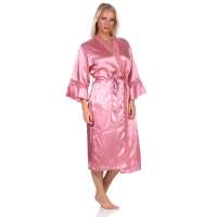 Damen Kimono Morgenmantel Nachtmantel Satinrobe mit Spitze; Altrosa/S/36