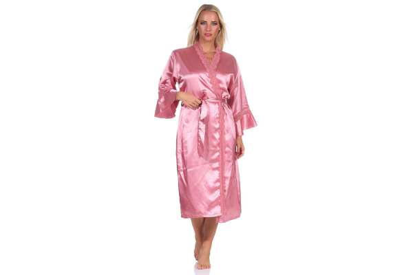 Damen Kimono Morgenmantel Nachtmantel Satinrobe mit Spitze; Altrosa/M/38