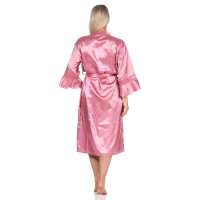 Damen Kimono Morgenmantel Nachtmantel Satinrobe mit Spitze; Altrosa/L/40
