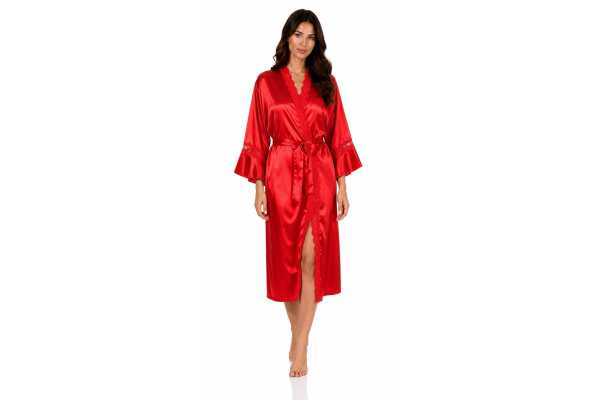 Damen Satin Morgenmantel Kimono mit Spitze Seidenoptik Hausmantel Rot XXL/44