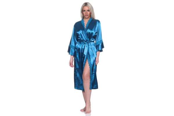 Damen Kimono Morgenmantel Nachtmantel Satinrobe mit Spitze; Petrol/XXL/44