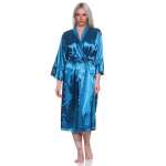 Damen Kimono Morgenmantel Nachtmantel Satinrobe mit Spitze; Petrol/XXL/44