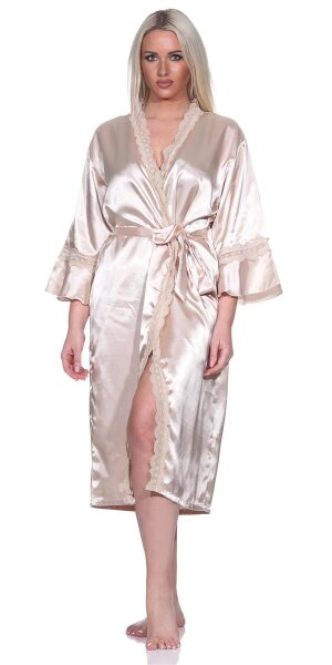 Damen Kimono Morgenmantel Nachtmantel Satinrobe mit Spitze; Beige/S/36