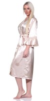 Damen Kimono Morgenmantel Nachtmantel Satinrobe mit Spitze; Beige/S/36
