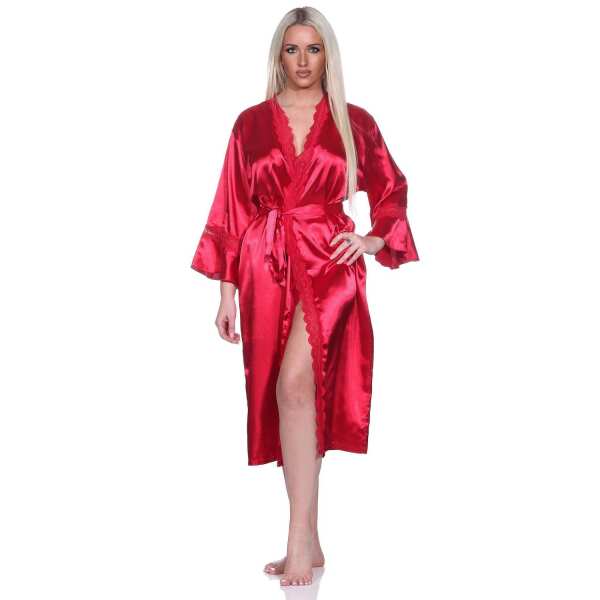 Damen Kimono Morgenmantel Nachtmantel Satinrobe mit Spitze; Weinrot/M/38