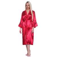 Damen Kimono Morgenmantel Nachtmantel Satinrobe mit Spitze; Weinrot/M/38