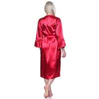 Damen Kimono Morgenmantel Nachtmantel Satinrobe mit Spitze; Weinrot/M/38