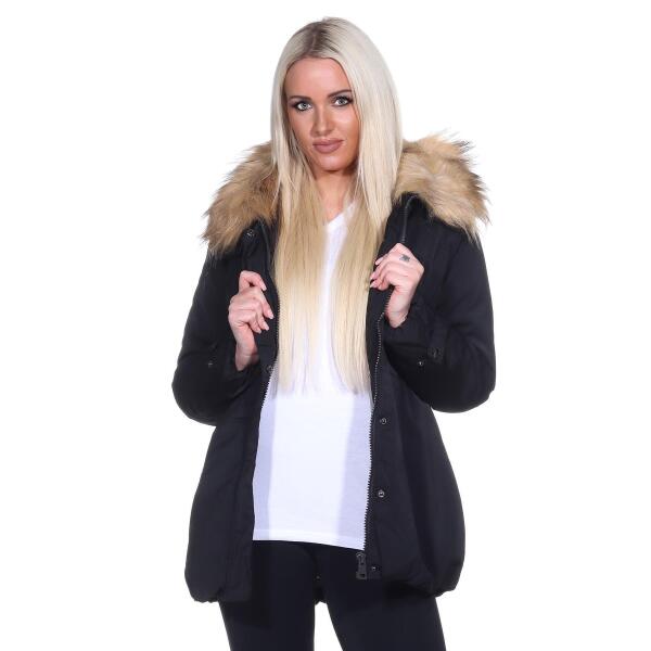 Damen Winterjacke Fellimitat Langarm Jacke Outerwear; Schwarz 36