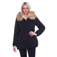 Damen Winterjacke Fellimitat Langarm Jacke Outerwear; Schwarz 40