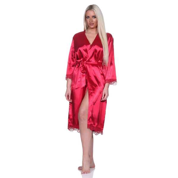 Damen Morgenmantel Kimono Satinrobe mit Spitze; Weinrot/L