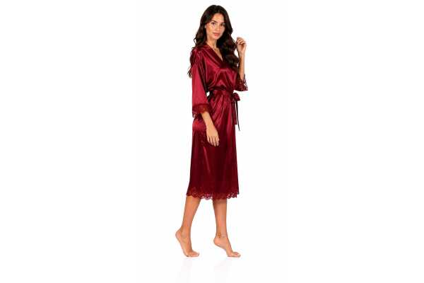 Damen Satin Morgenmantel lang mit Spitze – Kimono Bademantel aus 100 % Polyester, weich & glänzend Weinrot 2XL