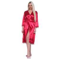 Damen Morgenmantel Kimono Satinrobe mit Spitze; Weinrot/2XL