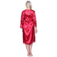 Damen Morgenmantel Kimono Satinrobe mit Spitze; Weinrot/2XL