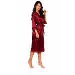 Damen Satin Morgenmantel lang mit Spitze – Kimono Bademantel aus 100 % Polyester, weich & glänzend Weinrot 2XL