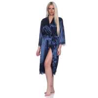 Damen Morgenmantel Kimono Satinrobe mit Spitze; Dunkelblau/S