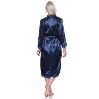 Damen Morgenmantel Kimono Satinrobe mit Spitze; Dunkelblau/S