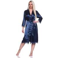 Damen Morgenmantel Kimono Satinrobe mit Spitze; Dunkelblau/S