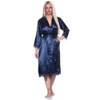 Damen Morgenmantel Kimono Satinrobe mit Spitze; Dunkelblau/XL