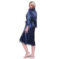 Damen Morgenmantel Kimono Satinrobe mit Spitze; Dunkelblau/XL