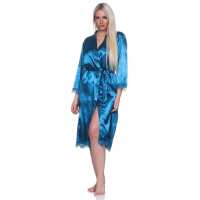 Damen Morgenmantel Kimono Satinrobe mit Spitze; Petrol/XL